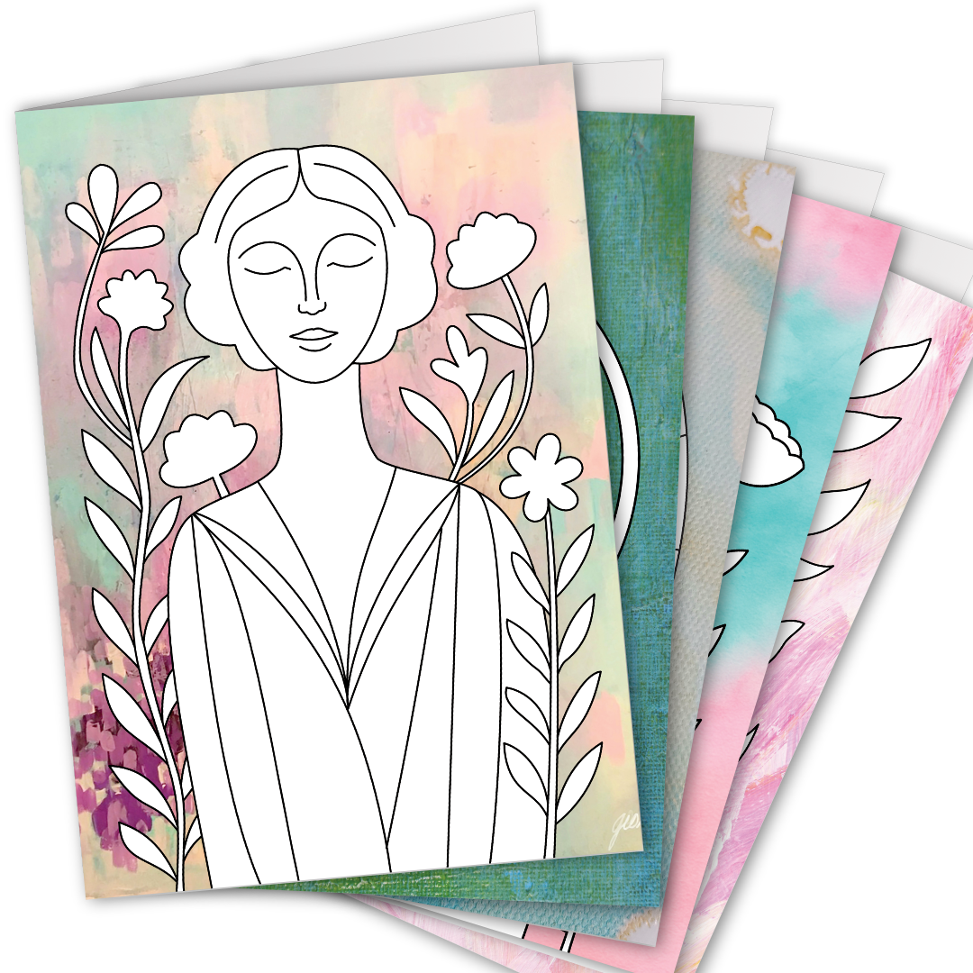 Grußkartenset von 5 Ausmalkarten auf Fotohintergrund, florale und illustrative Motive als stilvolle Malbuch Alternative zum Verschenken.