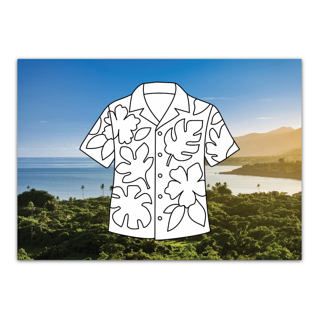 Malkarte mit Hawaiihemd. Ein fröhliches Sommermotiv zum Ausmalen.