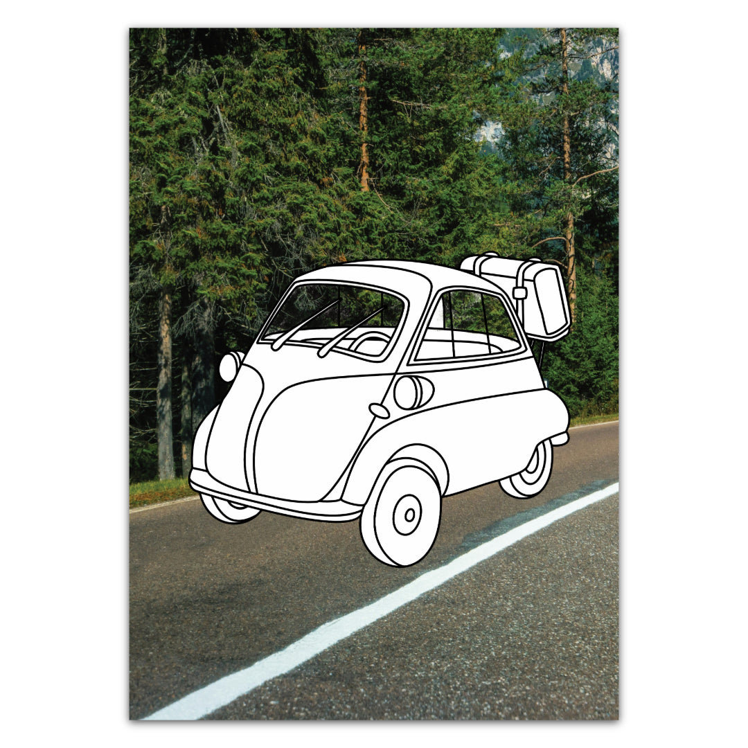 Malkarte mit kultiger Isetta als Reisebegleiter. Eine tolle Alternative zum Malbuch.