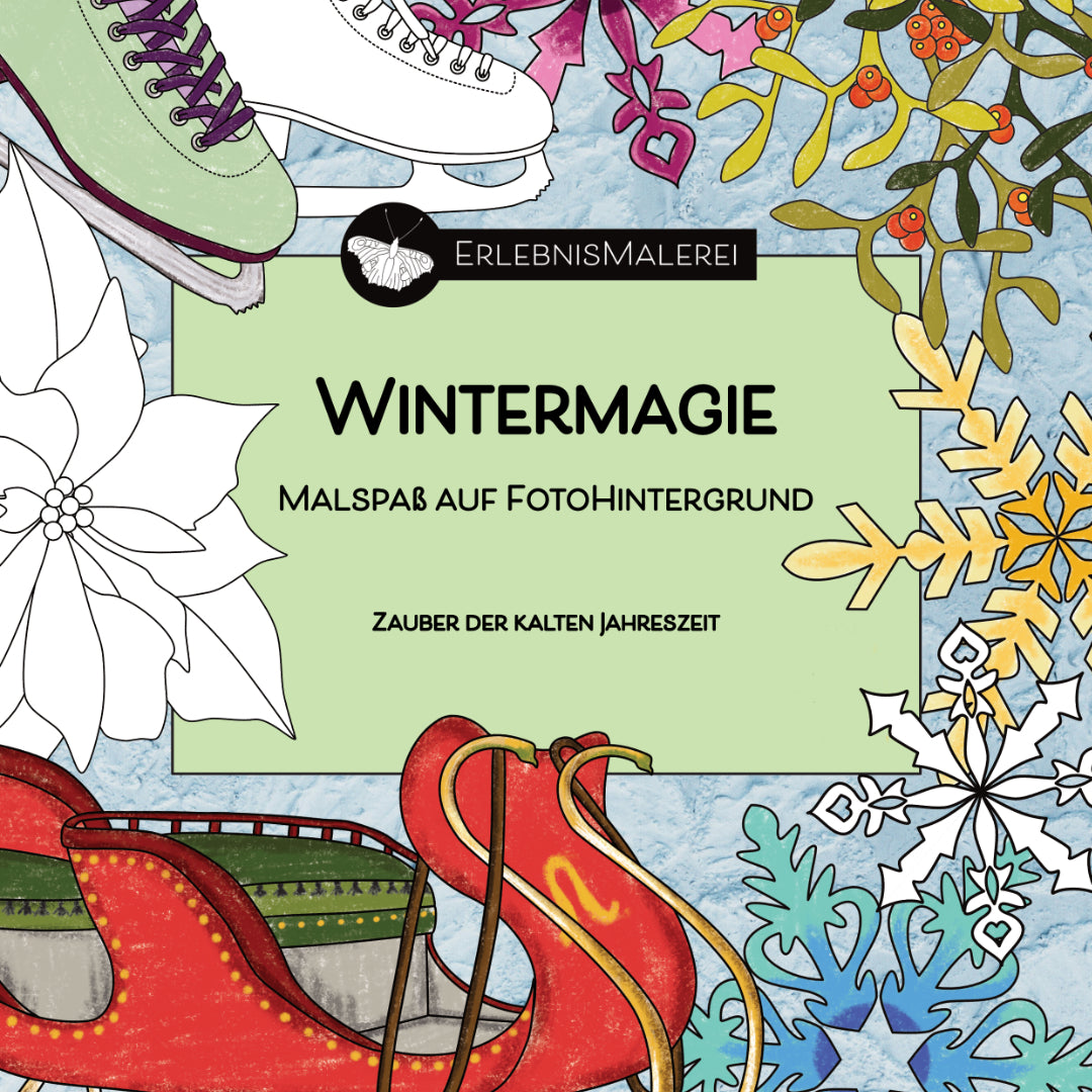 Das Produktfoto zeigt die Titelkarte des winterlichen Malkarten Sets „Wintermagie“ von ErlebnisMalerei, einem Malbuch in Einzelkartenform. Auf dem Cover befinden sich verschiedene Wintermotive zum Ausmalen, darunter Schlittschuhe, Mistelzweige, Schneeflocken, ein Weihnachtsstern und ein roter Schlitten. In der Mitte steht der Titel „Wintermagie – Malspaß auf Fotohintergrund“ sowie der Untertitel „Zauber der kalten Jahreszeit“.
Wunderschöne nützliche Alternative zum herkömmlichen Malbuch.