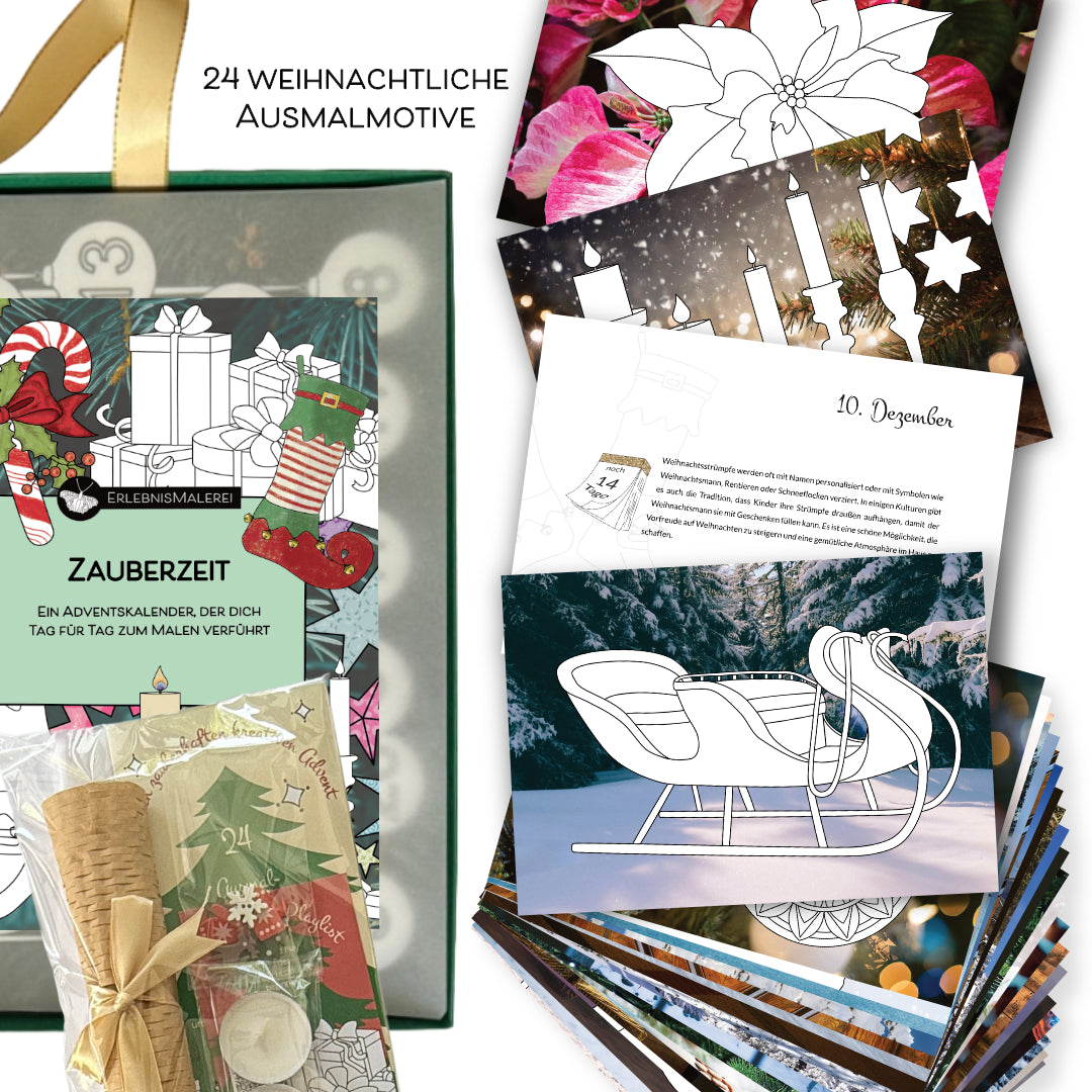 Kreativer Adventskalender von ErlebnisMalerei mit 24 weihnachtlichen Ausmalbildern als Malkarten-Malbuch für Erwachsene und Senioren. Entspannende Ausmal-Motive auf Fotohintergrund mit Zubehörset.