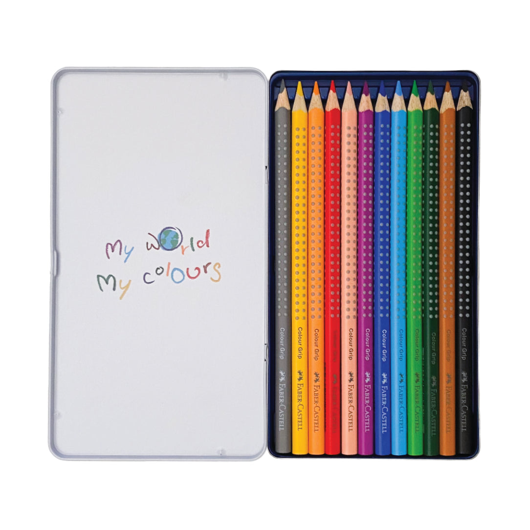 12 Buntstifte von Faber-Castell in einer Reihe für einfachen Zugriff und Übersichtlichkeit.