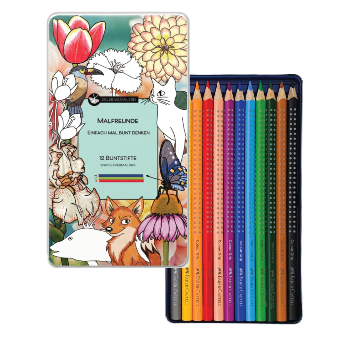 Set aus 12 Buntstiften von Faber-Castell. Präsentiert im Metalletui mit ErlebnisMalerei Emblem. Ideal für kreatives Malen und Zeichnen. Die Dtifte bieten eine hohe Farbintensität und eine gleichmäßige Farbabgabe.