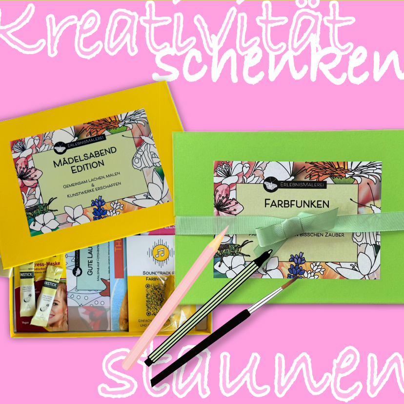 Kreative Geschenkbox von ErlebnisMalerei. Mädelsabend Edition in gelb und Farbfunken Box in grün mit Malkarten, Buntstiften und Überraschungen. Kreativität schenken und staunen.