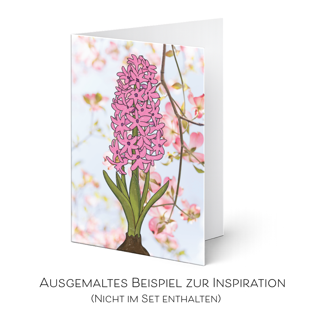 Fertig ausgemalte Hyazinthen-Grußkarte - Beispiel für
gestaltete Frühlingspost mit Buntstiften