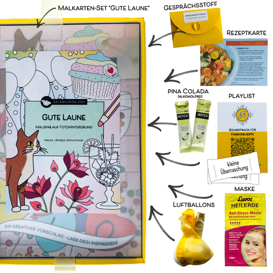 Offene gelbe Geschenkbox „Flügelspiel – Malspaß auf Fotohintergrund“ von ErlebnisMalerei, daneben angeordnete Inhalte: Malkarten-Malbuch, Gesprächskärtchen, Thai-Curry-Rezeptkarte, alkoholfreies Pina-Colada-Pulver, QR-Code-Playlist, kleine Überraschung, gelbe Luftballons und Anti-Stress-Maske.