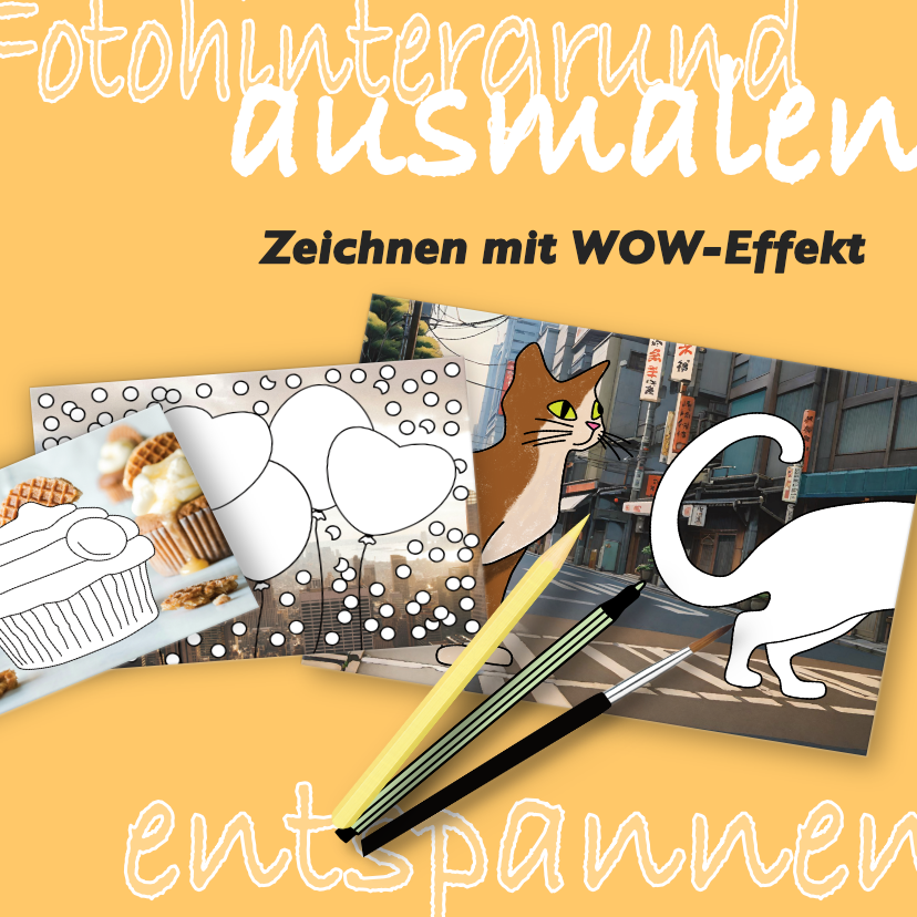 Malkarten mit Fotohintergrund zum Ausmalen und entspannen. 3 Karten mit Cupcake, Herzluftballons und Katze zum Ausmalen auf Fotohintergrund. Bannerrückseite orangegelb mit den Schriftzügen in weiß : Fotohintergrund, ausmalen und entspannen und in schwarz: Zeichne mit WOW-Effekt. Tolle Alternative zum herkömmlichen Malbuch.
