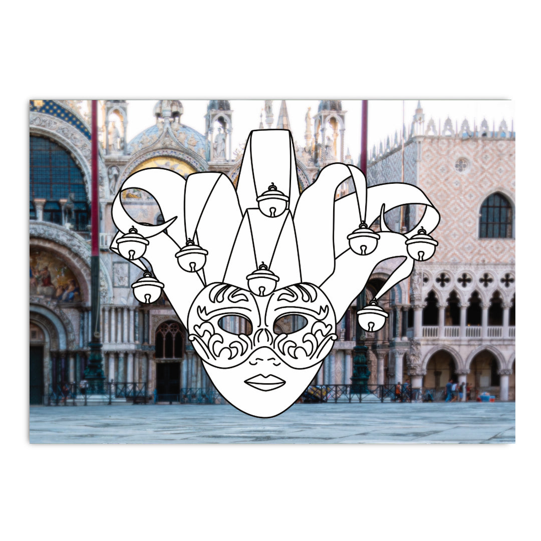 Malkarte mit venezianischer Maske und Fotohintergrund