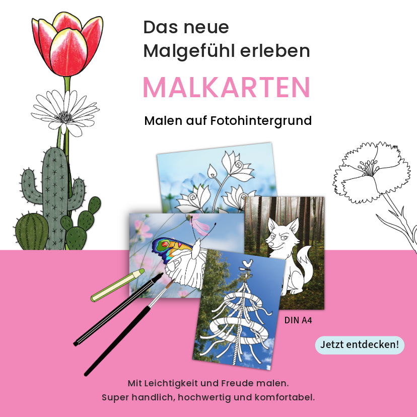 Malkarten die alternative zum Malbuch ist malen auf Fotohintergrund komfortabel und super handlich.