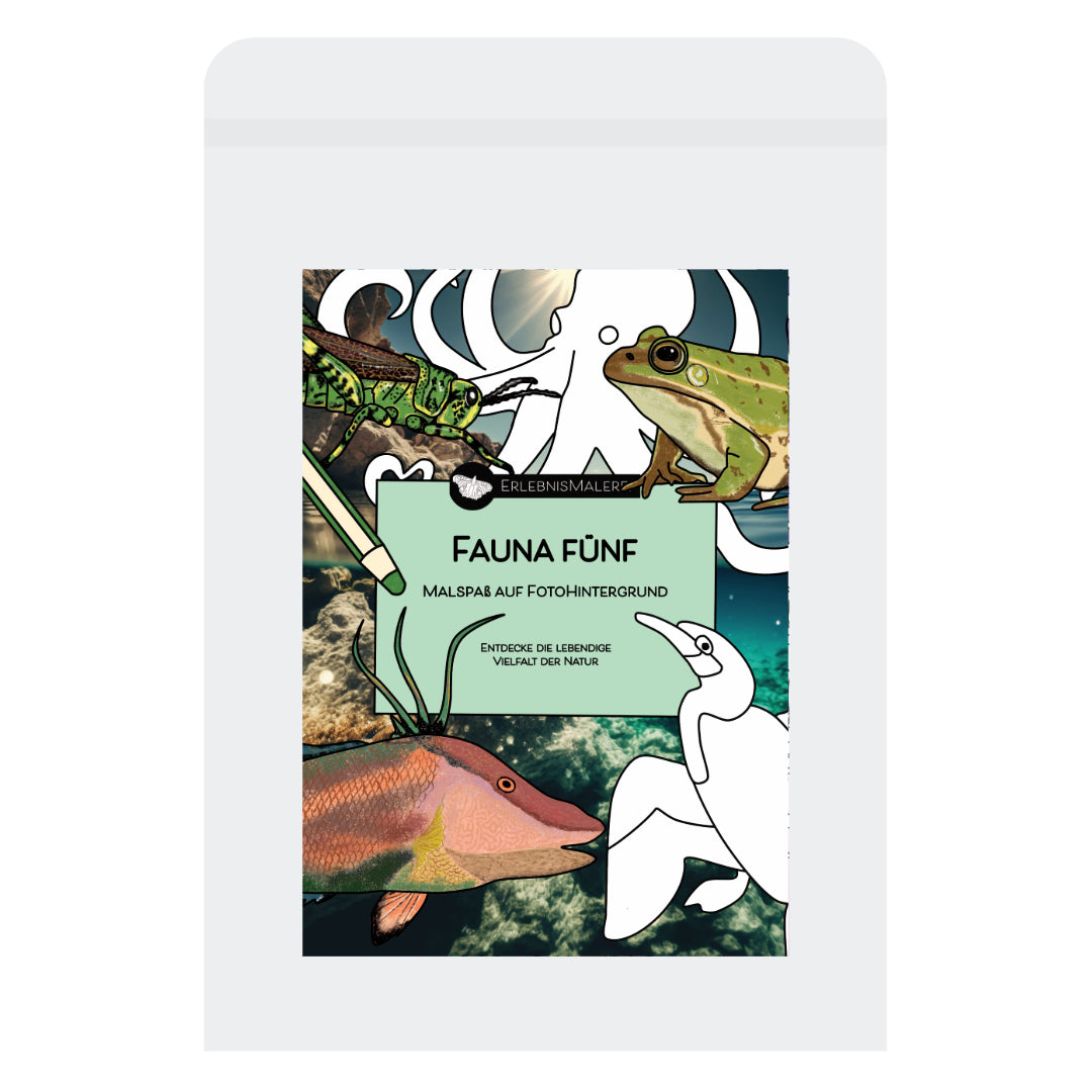 Malkarten-Set Fauna Fünf. Kormoran, Frosch, Oktopus, Heuschrecke und Fisch. Pfiffige Alternative zum Malbuch.