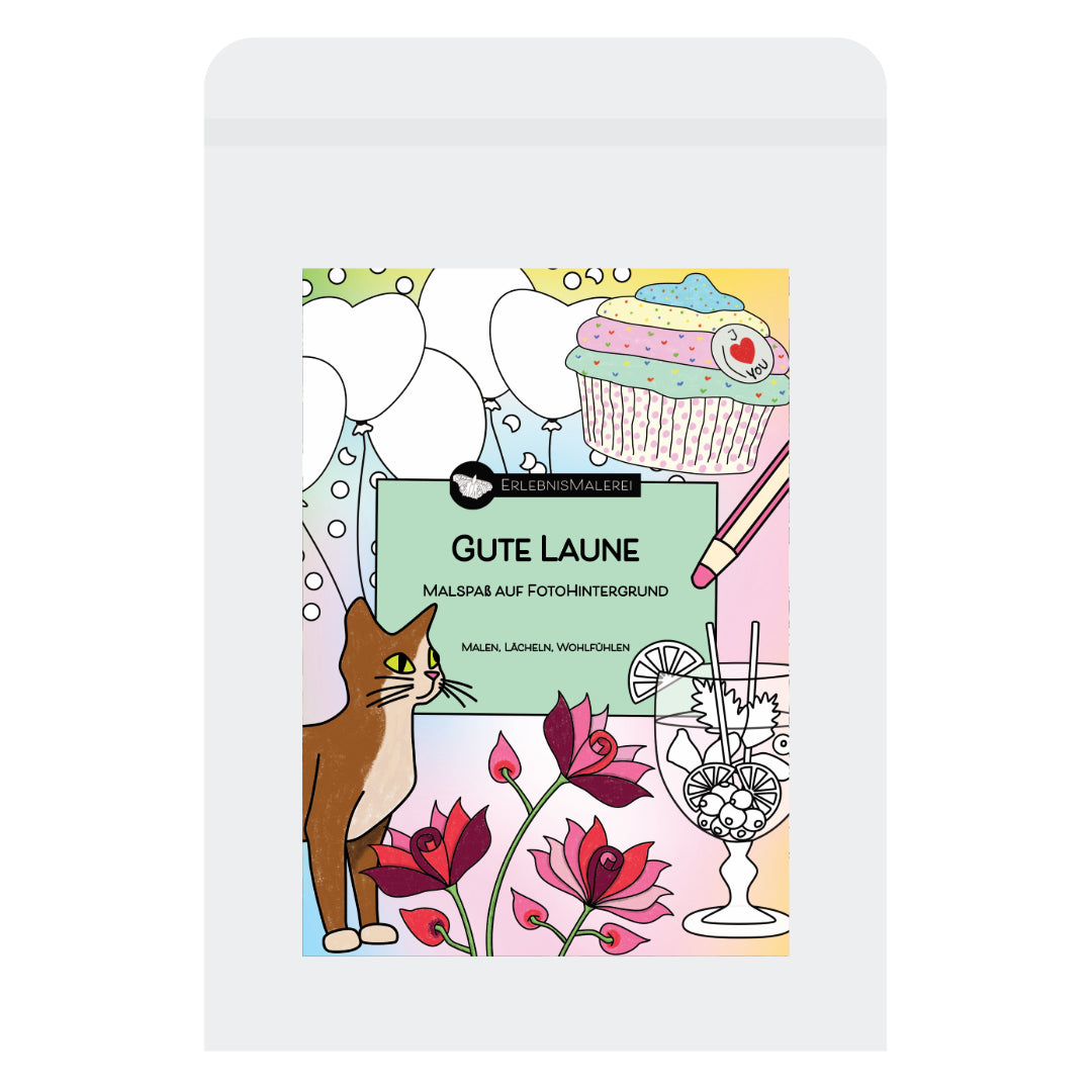 Malkarten-Set Gute Laune mit Katze, Blume, Drinks, Muffig, Luftballon. Die kreative Alternative zum Malbuch.