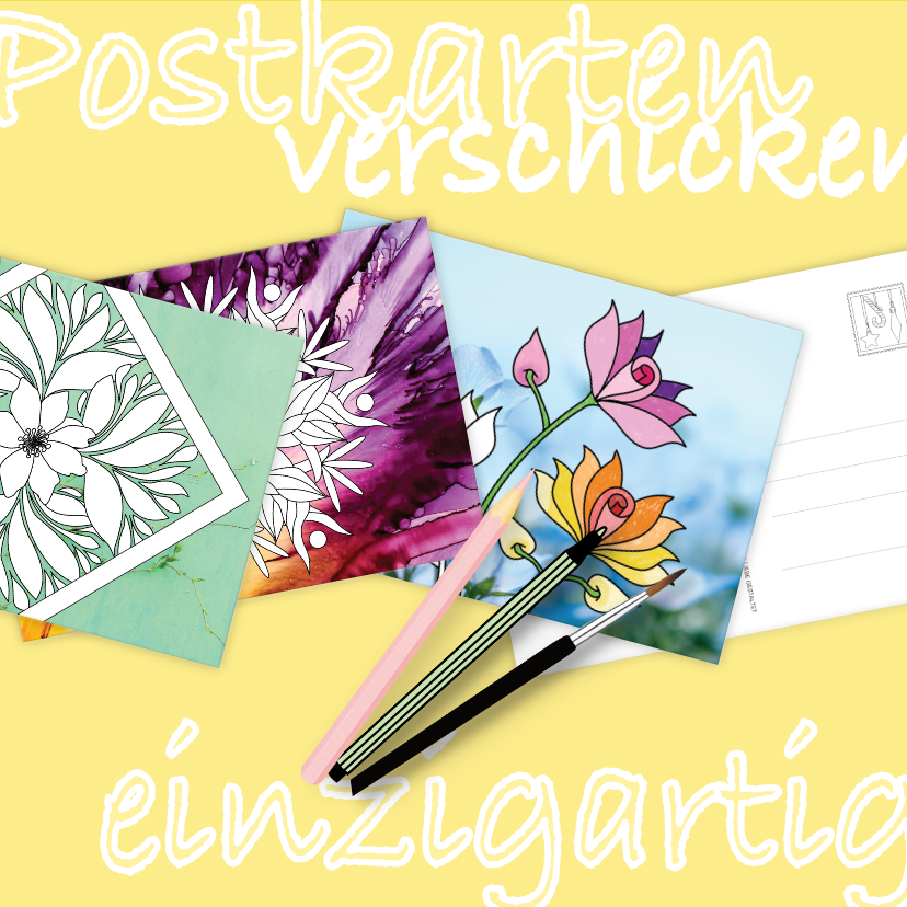 Ausmalbare Postkarten verschicken. 3 Karten mit Mandala, lila Aquarell-Blumen und bunten Lotusblüten auf Fotohintergrund. Bannerrückseite hellgelb mit weißen Schriftzügen Postkarten, verschicken, einzigartig. Malbuch-Alternative zum Verschicken
