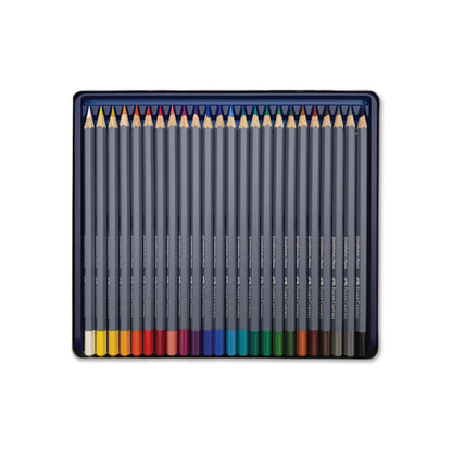 24 Goldfaber Aquarellstifte von Faber Castell geordnet in einer Reihe für einfachen Zugriff und Übersichtlichkeit.
