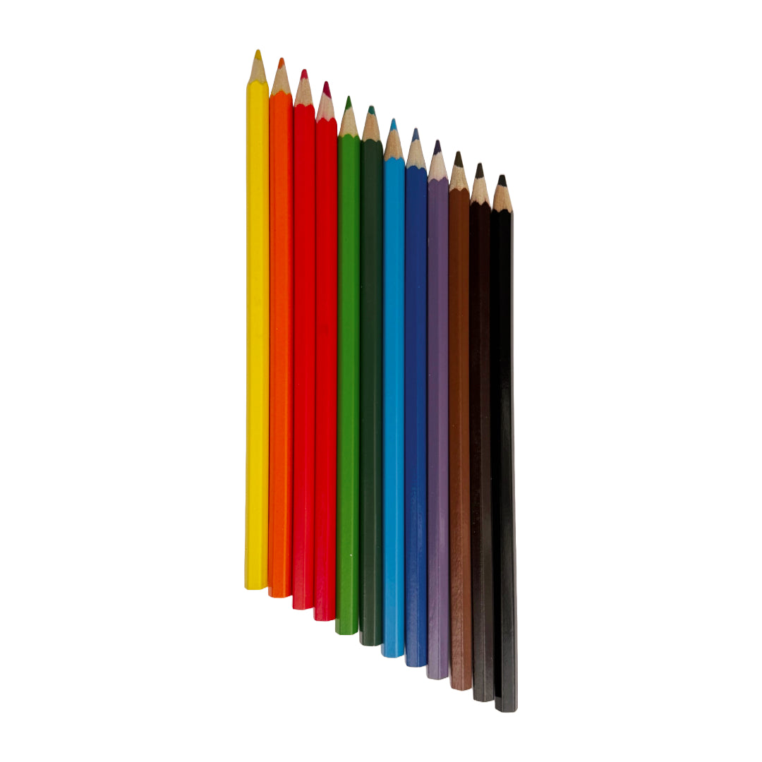 Zwölf Buntstifte in verschiedenen Farben nebeneinander dargestellt: gelb, orange, rot, dunkelrot, grün, dunkelgrün, hellblau, dunkelblau, lila, braun, dunkelbraun, schwarz.