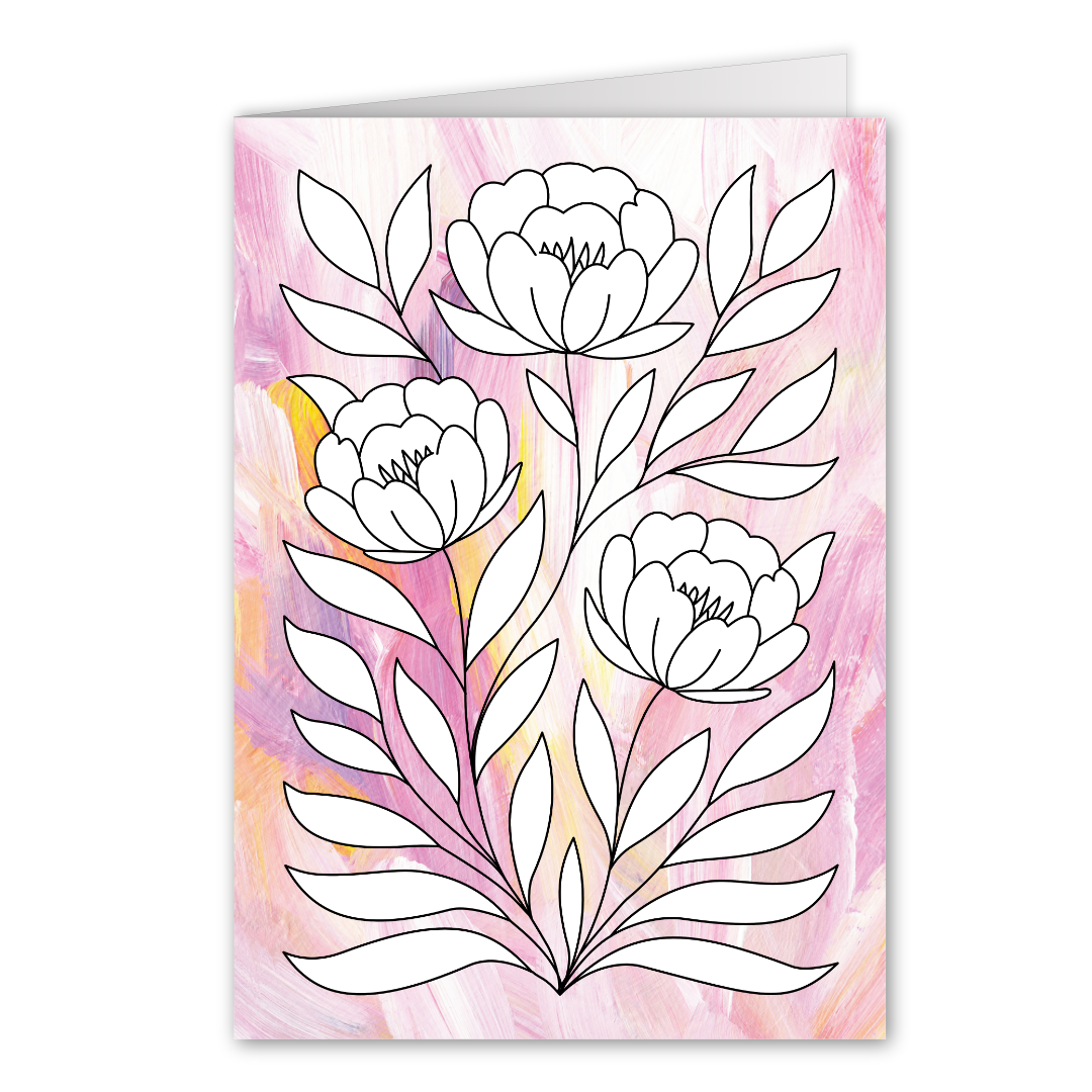 Grußkarte zum Ausmalen mit üppigen Blumenmotiv auf rosafarbenem Fotohintergrund, kreative Malbuch Alternative für farbenfrohe Grußbotschaften.
