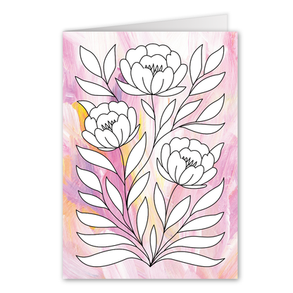 Grußkarte zum Ausmalen mit üppigen Blumenmotiv auf rosafarbenem Fotohintergrund, kreative Malbuch Alternative für farbenfrohe Grußbotschaften.