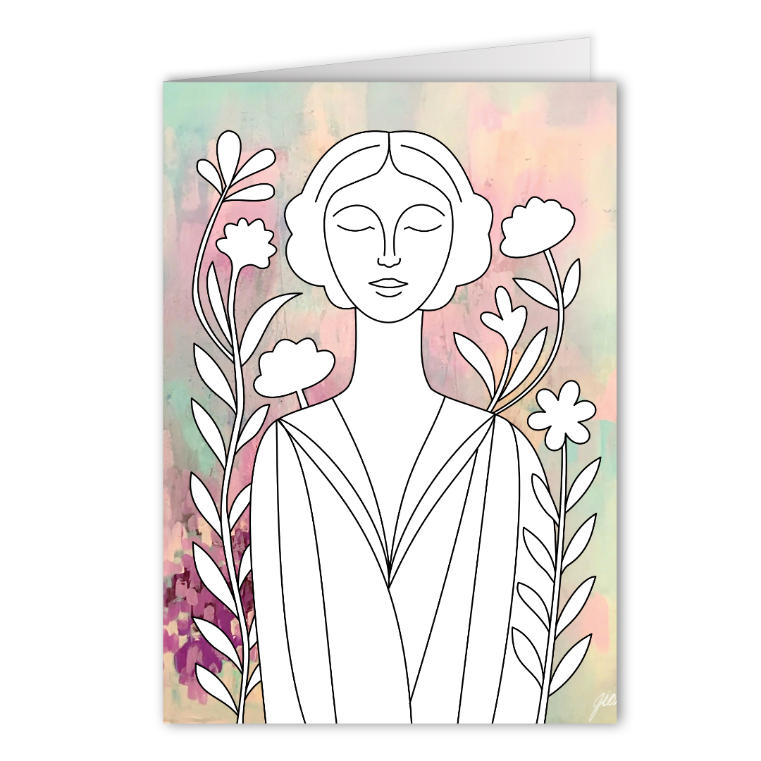 Grußkarte zum Ausmalen mit fruhigem Frauenporträt und floralen Elementen auf zartem Farbverlauf, persönliche Malbuch Alternative für kreative Auszeiten.