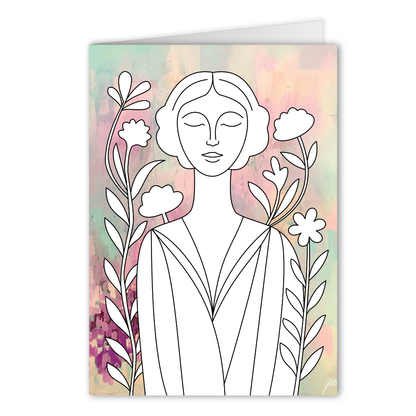 Grußkarte zum Ausmalen mit fruhigem Frauenporträt und floralen Elementen auf zartem Farbverlauf, persönliche Malbuch Alternative für kreative Auszeiten.