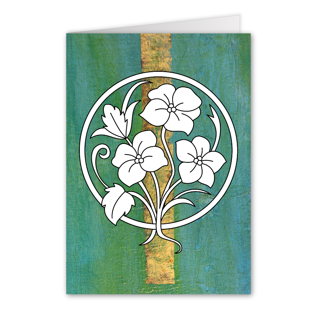 Grußkarte zum Ausmalen mit floralem Medaillionmotiv auf strukturiertem grünem Fotohintergrund, hochwertige Malbuch Alternative mit Naturcharakter.
