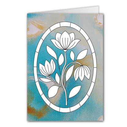 Grußkarte zum Ausmalen mit stilisiertem Blumenmotiv in ovalen Rahmen auf blauem Fotohintergrund, moderne Malbuch Alternative. 