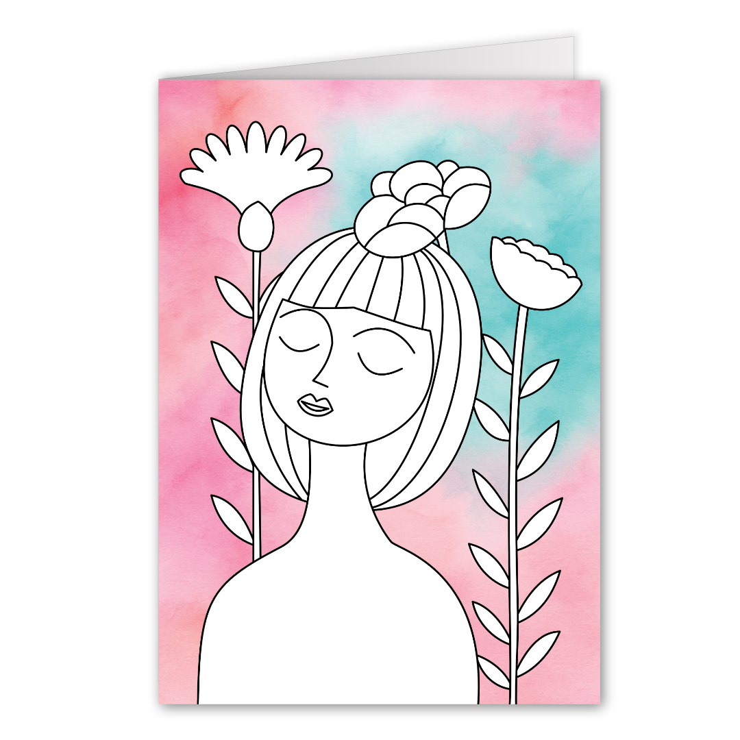 Grußkarten zum Ausmalen mit Frauenporträt und floralen Blütenmotiven auf pink und türkisfarbenen Fotohintergrund, kreative Malbuch Alternative zum Verschenken.