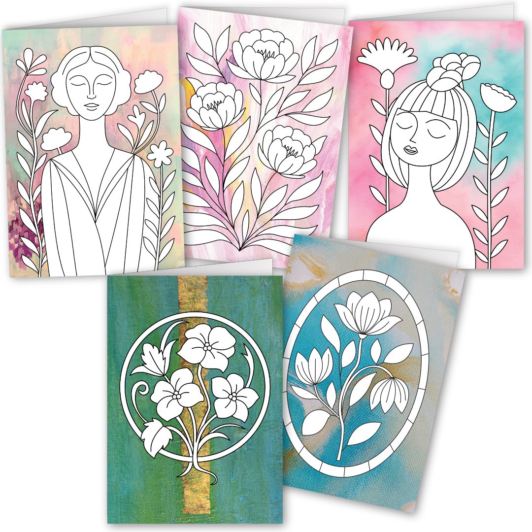 Auswahl an Grußkarten zum Ausmalen mit floralen Motiven und Frauenillustrationen auf Fotohintergrund, kreative Malbuch Alternative für persönliche Grüße.