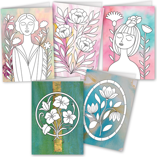 Auswahl an Grußkarten zum Ausmalen mit floralen Motiven und Frauenillustrationen auf Fotohintergrund, kreative Malbuch Alternative für persönliche Grüße.