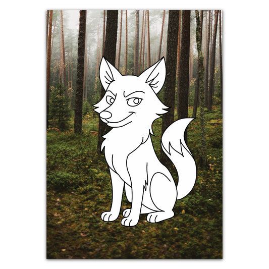 Malkarte mit Fuchs im Wald. Kreative Alternative zum klassischen Malbuch.