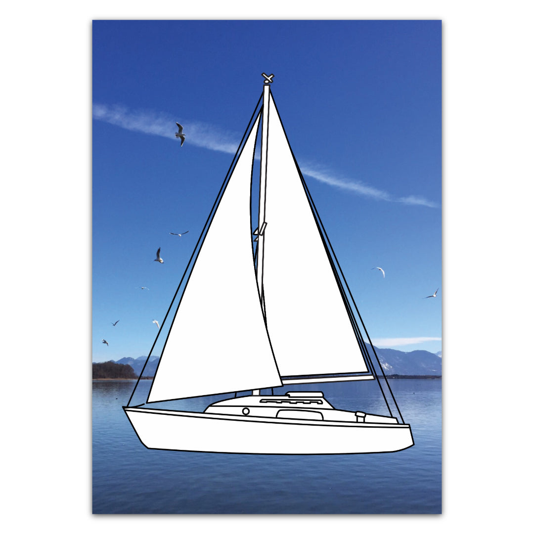 Malkarte mit Segelboot-Motiv auf 300g Papier. Ideale Alternative zum Malbuch.