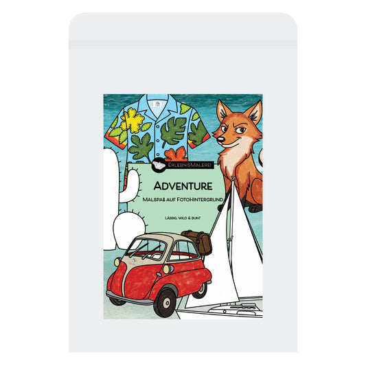 Adventure Malkaren-Set als kreative Alternative zum Malbuch. Segelboot, Fuchs, Kakteen, Hawaiihemd und Isetta auf 300g schweren Papier gedruckt. In der Größe DIN A4.