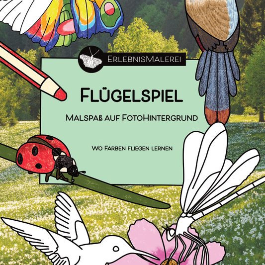 Titelbild des Malkarten-Malbuchs „Flügelspiel“ von ErlebnisMalerei. Ausmalmotive auf Fotohintergrund mit Vögeln, Schmetterlingen, Marienkäfern und Libellen in einer Frühlingswiese. Schriftzug: Flügelspiel, Malspaß auf Fotohintergrund, wo Farben fliegen lernen.