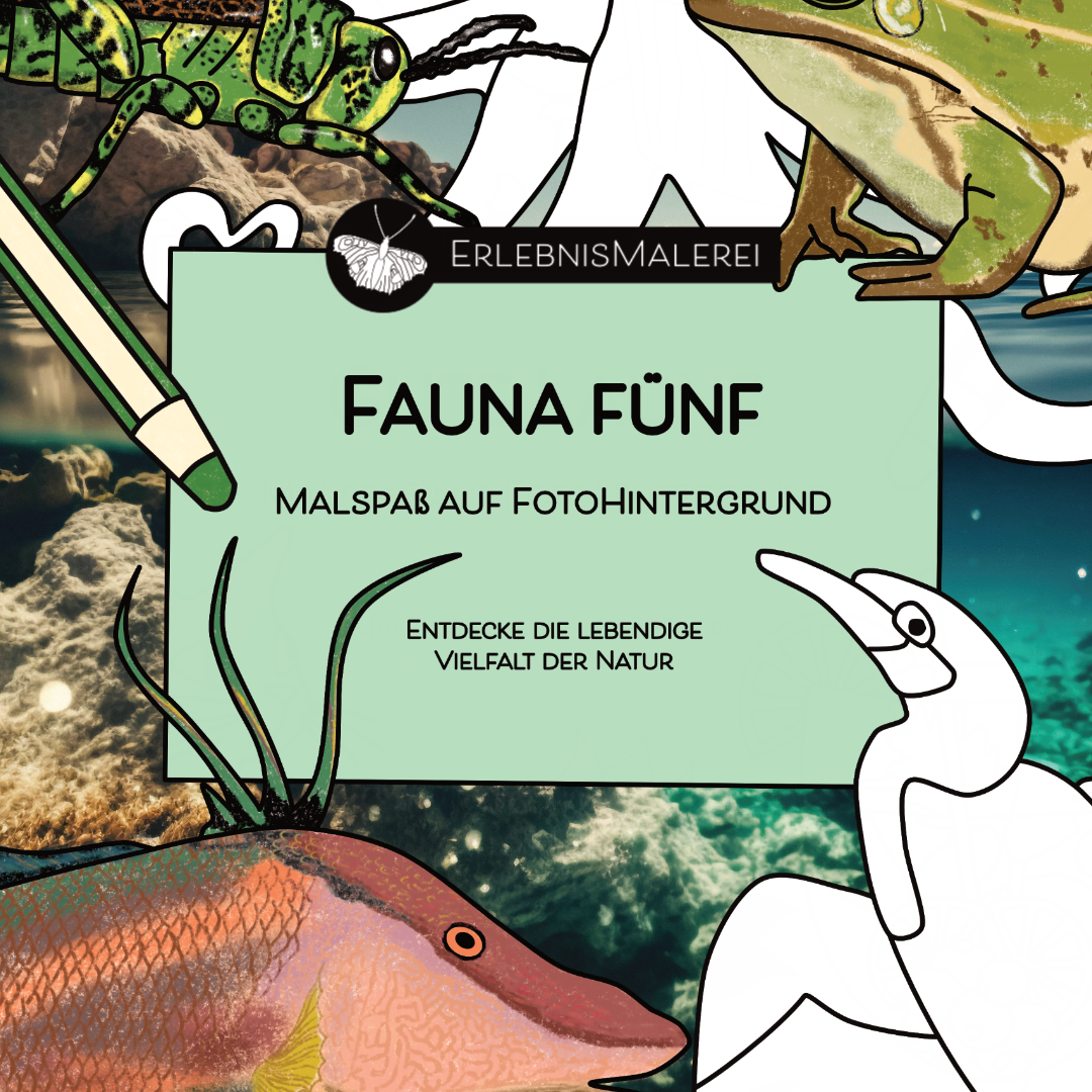 Titelbild des Malkarten-Malbuchs „Fauna Fünf“ von ErlebnisMalerei. Ausmalmotive auf Fotohintergrund mit Tieren aus Wasser, Luft und Land, darunter Fisch, Frosch, Heuschrecke, Oktopus und Reiher. Schriftzug: „Fauna Fünf, Malspaß auf Fotohintergrund, entdecke die lebendige Vielfalt der Natur