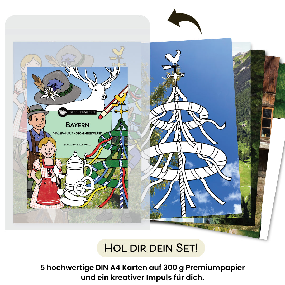 Ein Produktfoto des Malkarten Sets „Bayern“ von ErlebnisMalerei, einem traditionellen Malbuch in Kartenform. Die Titelkarte zeigt bayerische Motive wie ein Paar in Tracht, einen Hirschkopf, einen Hut und einen Maßkrug. Rechts daneben sind die fünf DIN A4 Malkarten aufgefächert sichtbar, mit ländlichen Fotohintergründen und schwarzweißen Ausmalmotiven wie einem Maibaum. Darunter steht „Hol dir dein Set!“ mit dem Hinweis auf hochwertiges Papier und kreativen Impuls.