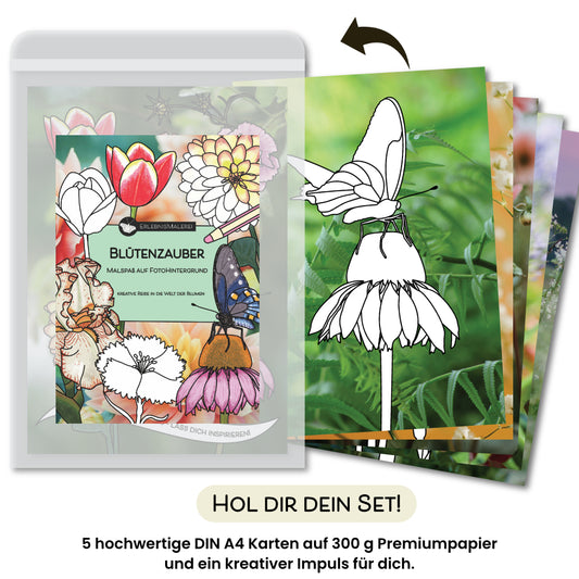 Das Produktfoto zeigt das Malkarten Set „Blütenzauber“ von ErlebnisMalerei, ein blumiges Malbuch in Kartenform. Die Titelkarte zeigt verschiedene florale Illustrationen und einen Schmetterling zum Ausmalen. Rechts daneben liegen die fünf DIN A4 Karten aufgefächert, jede mit einem farbigen Naturfotohintergrund und floralen Schwarzweißmotiven. Darunter steht „Hol dir dein Set!“ sowie der Hinweis auf fünf hochwertige Karten und einen kreativen Impuls.
