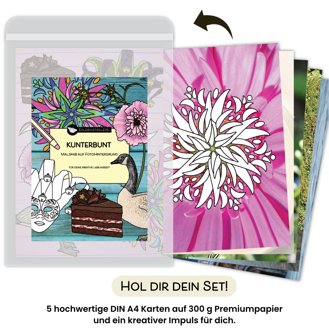 Das Produktfoto zeigt das Malkarten Set „Kunterbunt“ von ErlebnisMalerei, ein farbenfrohes Malbuch in Einzelkartenform. Auf der Titelkarte befinden sich bunte Blumen, eine Gans, eine Sahnetorte und verschiedene kreative Ausmalmotive. Rechts daneben sind die fünf DIN A4 Malkarten aufgefächert dargestellt, jede mit einem eigenen Fotohintergrund und detailreichen Schwarzweißmotiven, darunter eine große Blüte. Unten steht „Hol dir dein Set!“ sowie der Hinweis auf fünf hochwertige Karten und einen kreativen Impu