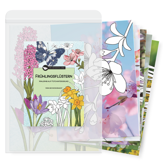 Ausmalkarten-Set "Frühlingsflüstern" im Überblick. Titelkarte mit bunten Frühlingsblumen. Aufgefächerte Malkarten mit verschiedenen Ausmalmotiven und Fotohintergründen. Zusammen in einer Hülle präsentiert. 