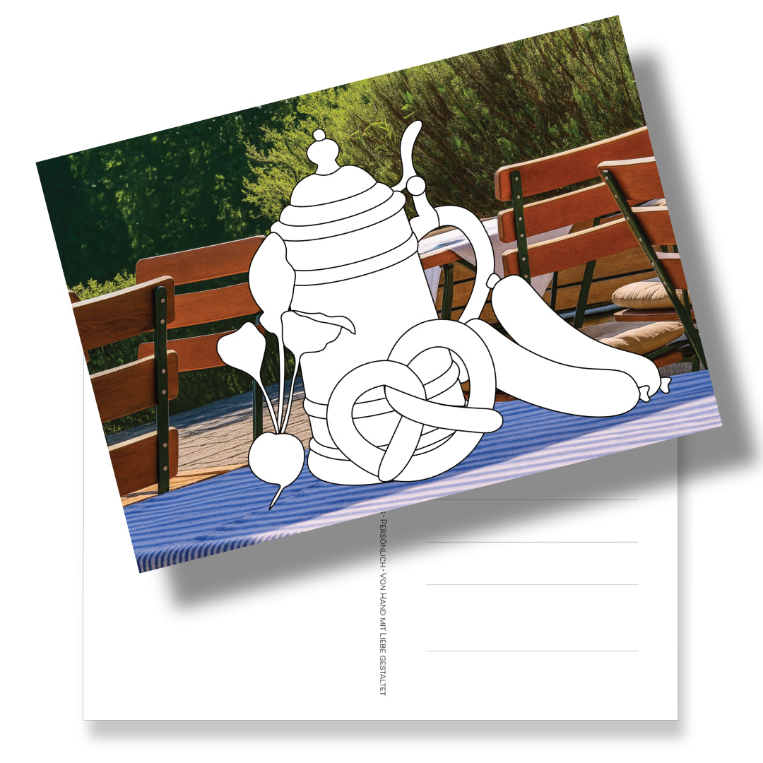 Postkarte im DIN A5 Format mit Ausmalmotiv Maßkrug, Breze, Weißwurst und Radieschen. Ein wunderschöner Malspaß und Gruß aus Bayern.