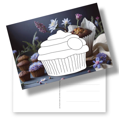 Postkarte mit Ausmalmotiv "Muffin" auf Fotohintergrund. Die persönlichste Art zu schreiben. 