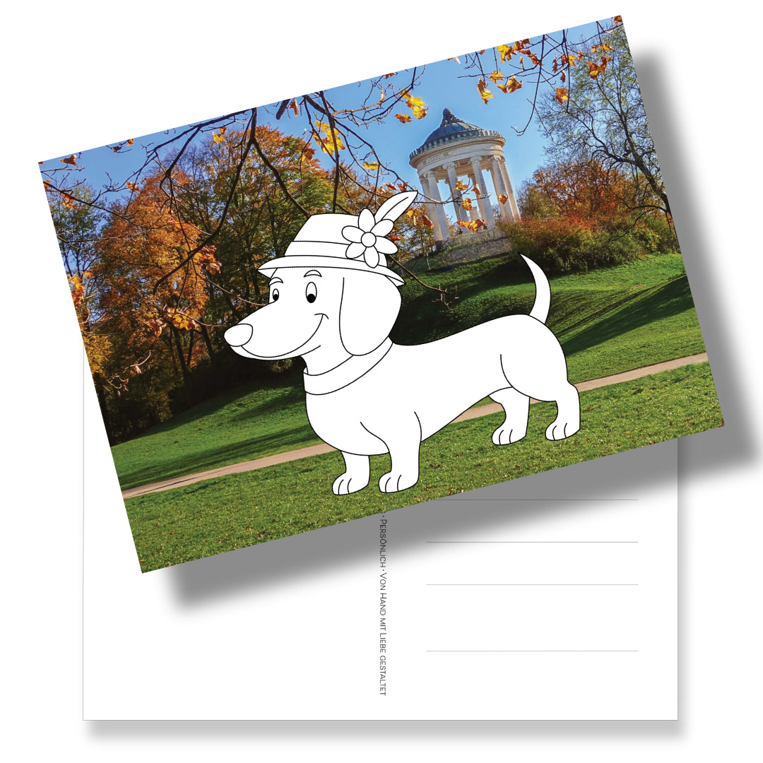 Postkarte mit Dackel zum Ausmalen auf Fotohintergrund. Ausgemalt wird es zu deiner persönlichsten Post, die du je verschickt hast. Wunderschöne Malbuch Alternative.