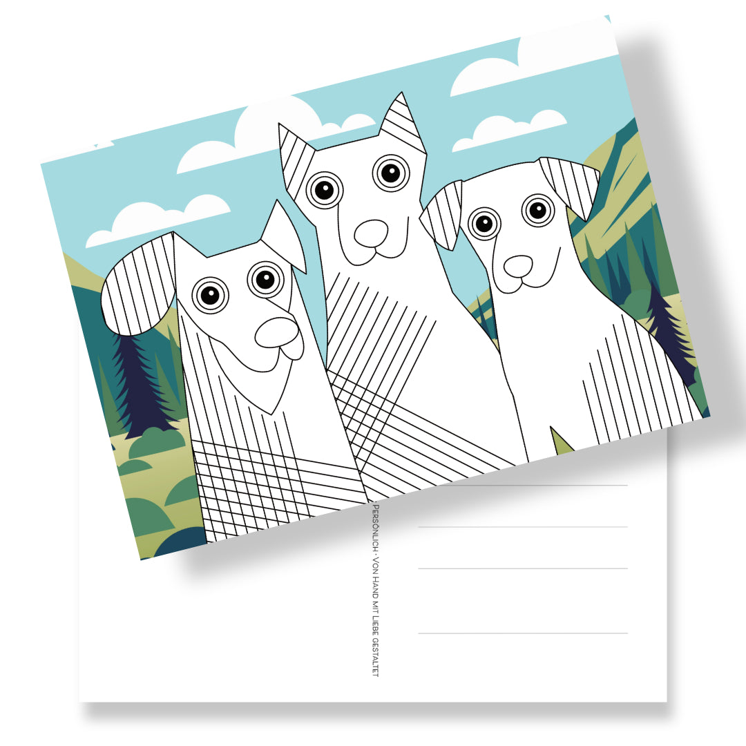 Postkarte mit Hunden zum Ausmalen auf graphischen Fotohintergrund in DIN A5 Format. Rückseit mit Adressfeld und Hunde-Briefmarke. Ein schöner persönlicher Gruß für Zwischendurch. 