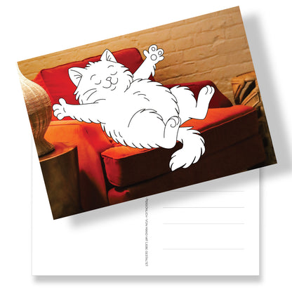Postkarte DIN A5 mit relaxter Katze zum Ausmalen auf Fotohintergrund. Rückseite mit Adressfeld und Katzen-Briefmarke. 
Ausmalen macht Spaß und das verschenken unheimliche Freude.

