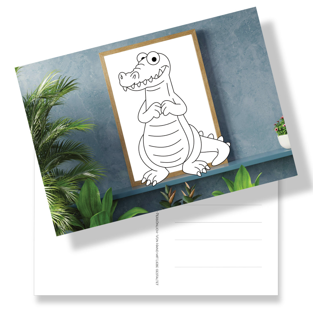 Postkarte in DIN A5 Format mit Krokodil zum Ausmalen auf Fotohintergrund. Rückseite mit Adressfeld und Krokodil-Briefmarke. Einen witzigen persönlichen Gruß verschicken. Wunderschöne nützliche Alternative zum herkömmlichen Malbuch.