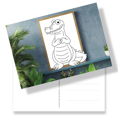 Postkarte in DIN A5 Format mit Krokodil zum Ausmalen auf Fotohintergrund. Rückseite mit Adressfeld und Krokodil-Briefmarke. Einen witzigen persönlichen Gruß verschicken. Wunderschöne nützliche Alternative zum herkömmlichen Malbuch.