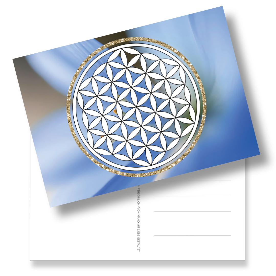 Postkarte mit Lebensblume zum Ausmalen auf Fotohintergrund. 