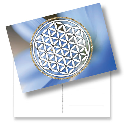 Postkarte mit Lebensblume zum Ausmalen auf Fotohintergrund. 