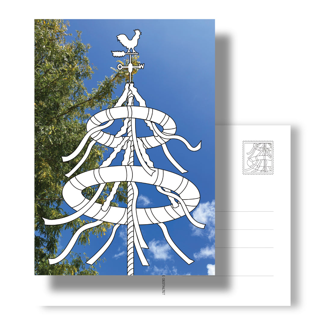 Postkarte mit Maibaum zum Ausmalen auf Fotohintergrund. Rückseite mit Adressfeld und Maibaum-Briefmarke. Eine schöne Erinnerung aus Bayern. 