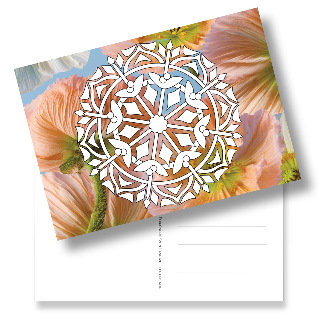 Postkarte mit Ausmalmotiv "Mandala" auf Fotohintergrund. Eine neue wunderschöne  Art des Malens.