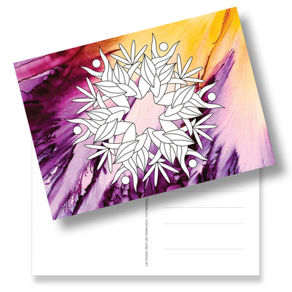 Postkarte zum Ausmalen mit einem Mandalamotiv auf Fotohintergrund. Die neue Art des Malens. 