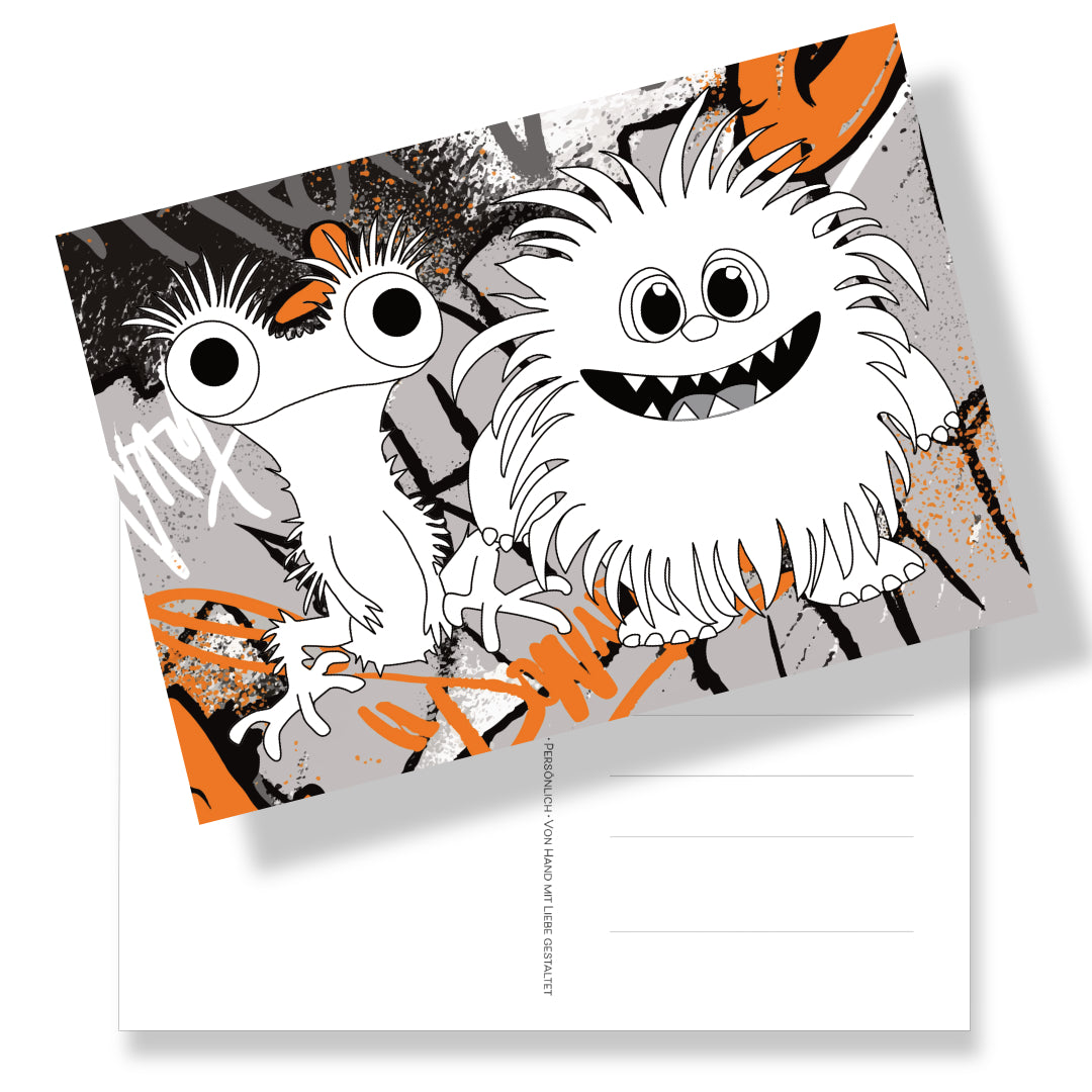Postkarte mit lustigen Monsterduo zum Ausmalen auf Graffitti-Fotohintergrund. Rückseite mit Adressfeld und Monster-Briefmarke. Wie schön ist es, wenn Kids ausmalen und ihr gemaltes verschenken können.