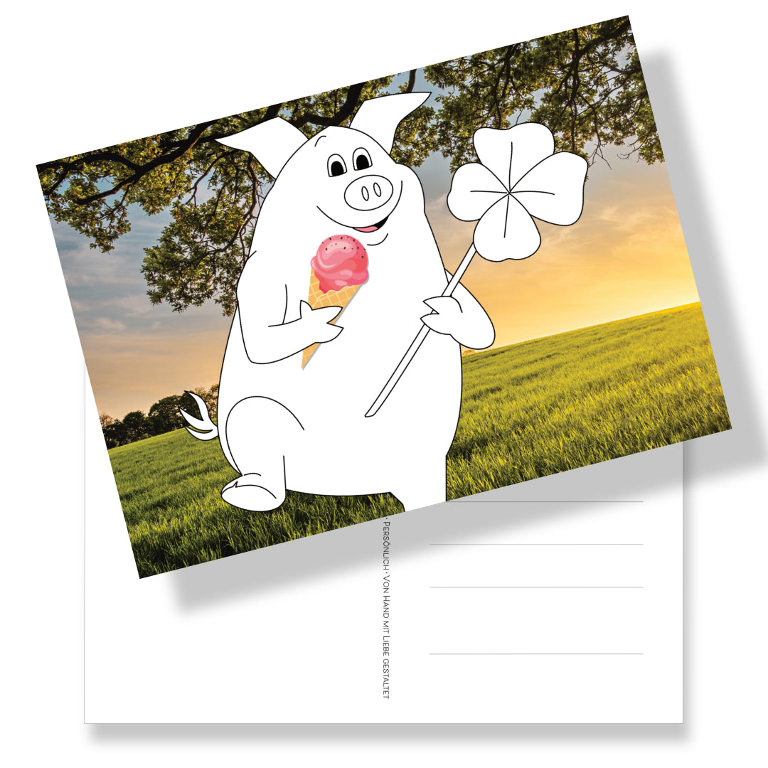 Postkarte DIN A5 mit Schweinchen zum Ausmalen auf Fotohintergrund. Rückseite mit Adressfeld und Schwein-Briefmarke. Ein witziger Postkartengruß. 